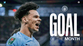 Blurred image of a Manchester City player recognized as Goal of the Month alongside text and Manchester City logos.