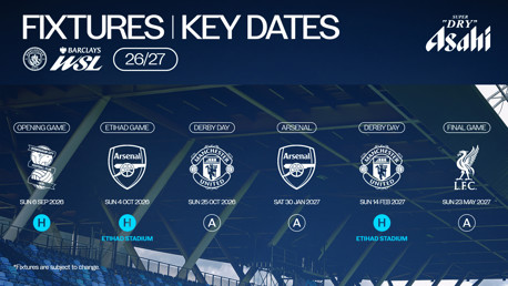 Key dates for Manchester City 2026/27 WSL season: Opening game vs Birmingham City on Sep 6, Etihad match vs Arsenal on Oct 4, Derby days vs Manchester United on Oct 25 and Feb 14, Arsenal away on Jan 30, final game vs Liverpool on May 23.