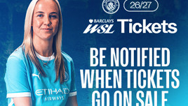 A Manchester City player is featured in an ad for Barclays WSL tickets, encouraging viewers to sign up for notifications when tickets go on sale for the 26/27 season.