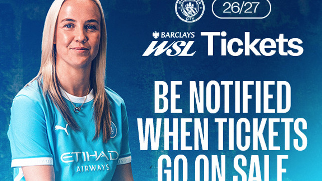 A Manchester City player is featured in an ad for Barclays WSL tickets, encouraging viewers to sign up for notifications when tickets go on sale for the 26/27 season.
