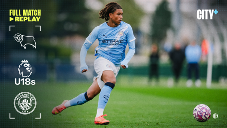 A Manchester City U18 player in action during a match against Derby County, available for full match replay. The image promotes City+ streaming service.