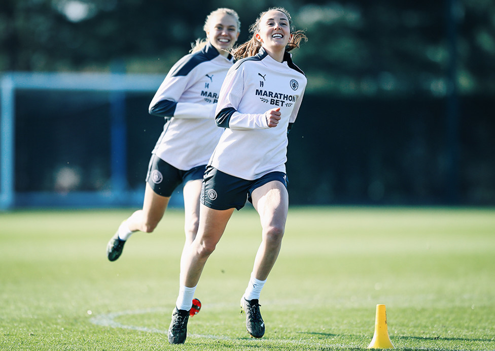 WEIR HAVING A LAUGH : Caroline Weir and Esme Morgan, in high spirits!