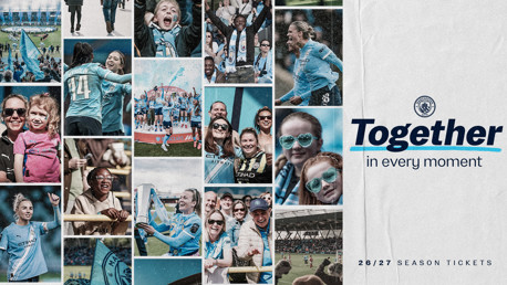 Collage promoting Manchester City season tickets for 26/27 with images of fans, players, and stadium atmosphere.
