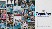 Collage promoting Manchester City season tickets for 26/27 with images of fans, players, and stadium atmosphere.