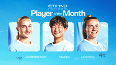 Etihad Player of the Month nominees displayed are Laura Blindkilde Brown, Aoba Fujino, and Lauren Hemp against a blue sky background.