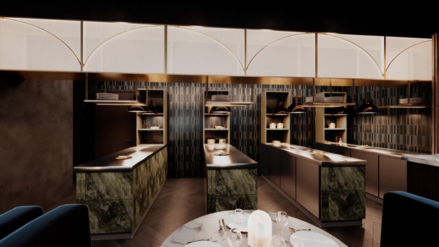 A modern restaurant interior with stylish lighting fixtures, marble tables, and green textured counters.