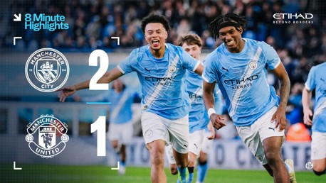 Manchester City players celebrate after winning 2-1 against Manchester United. The image displays team logos and scores with text '8 Minute Highlights'.
