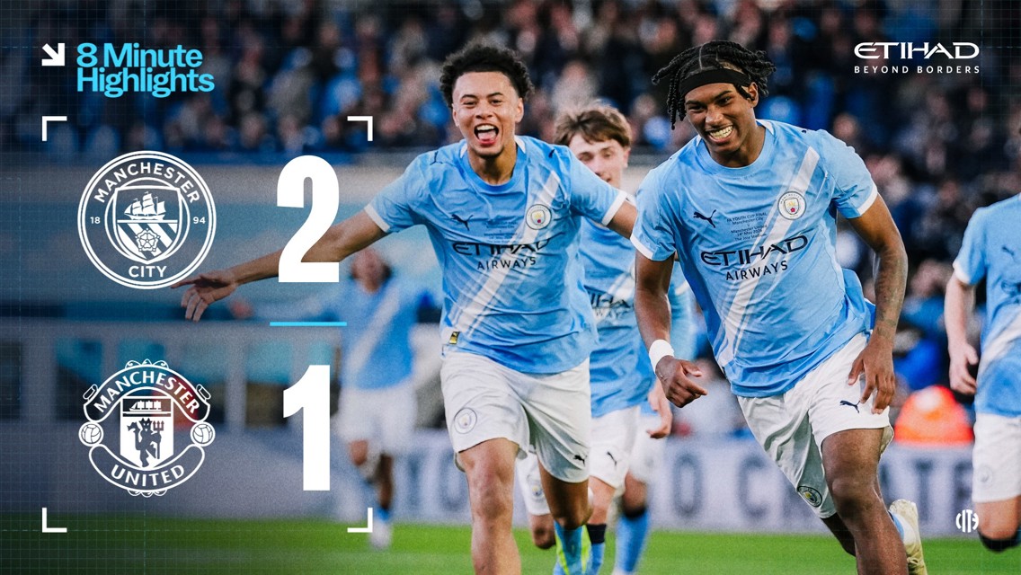 Manchester City players celebrate after winning 2-1 against Manchester United. The image displays team logos and scores with text '8 Minute Highlights'.