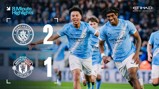 Manchester City players celebrate after winning 2-1 against Manchester United. The image displays team logos and scores with text '8 Minute Highlights'.