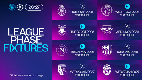 Manchester City's UEFA Champions League fixtures for the 2026/27 season, displaying opponents, dates, and locations for group stage matches.