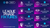 Manchester City's UEFA Champions League fixtures for the 2026/27 season, displaying opponents, dates, and locations for group stage matches.