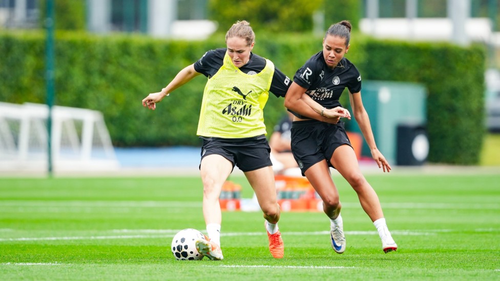 ACTION STATIONS: Sydney Lohmann and Iman Beney vie for possession.