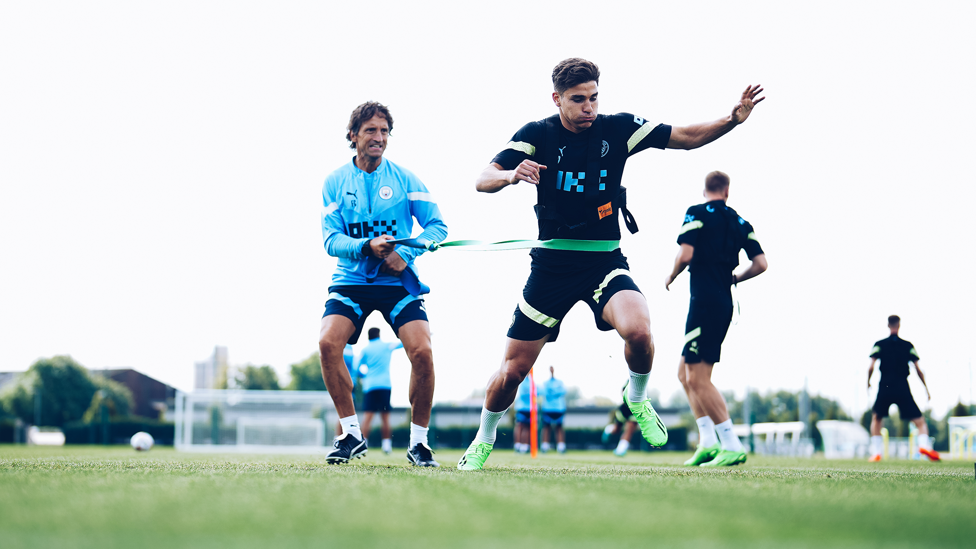 AT FULL STRETCH : Julian Alvarez powers through a strength routine