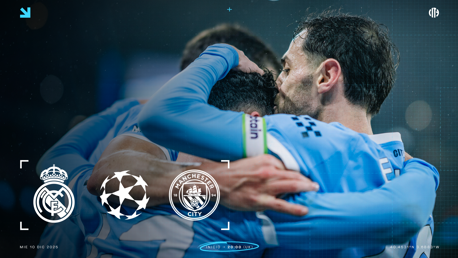 Image promoting Manchester City vs Real Madrid match on 10 December 2025 at 20:00 UK time. Features UEFA Champions League logo and team logos.