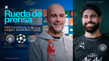 Blurred image of Pep Guardiola and Josko Gvardiol at a press conference for Manchester City vs Bayer Leverkusen on November 24, 2025, part of the UEFA Champions League.