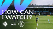 A promotional image with 'HOW CAN I WATCH?' text, featuring London City Lionesses vs Manchester City in a football match at The John Fiorini Stand, part of the Barclays Women's Super League.