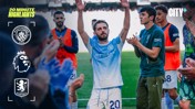 Manchester City players clapping on the field, surrounded by Manchester City and Aston Villa logos, Premier League emblem, and text for 20-minute highlights.
