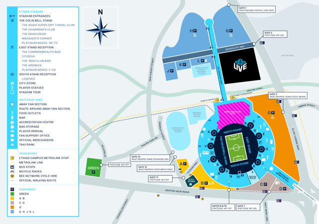 Map of Etihad Stadium indicating entrances, stands, facilities, car parks, and gates with directional labels.