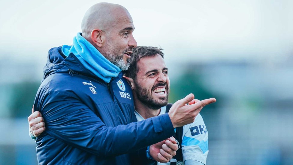 GUNNERS PREP : Enzo and Bernardo in high spirits as the Blues prepared to face Arsenal in a crucial top-flight clash at the Etihad, a colossal clash that we won 4-1 en route to the Premier League crown.