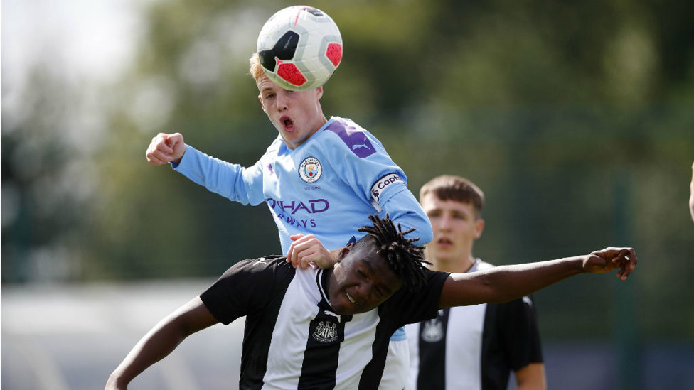 UP AND AT 'EM : Skipper Cole Palmer wins an aerial challenge during Saturday's 7-1 win over Newcastle