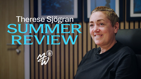 A person smiling in an office setting with text 'Therese Sjögran Summer Review' and 'Manchester City Women' logo.