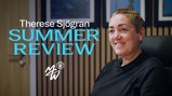 A person smiling in an office setting with text 'Therese Sjögran Summer Review' and 'Manchester City Women' logo.