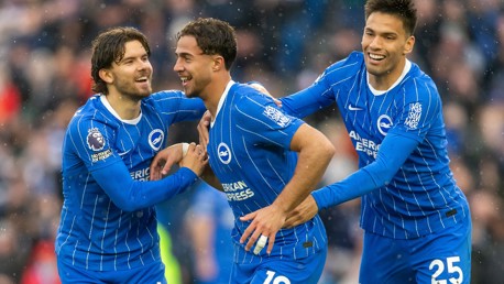 Three Brighton & Hove Albion players celebrating during a football match wearing blue and white striped jerseys.
