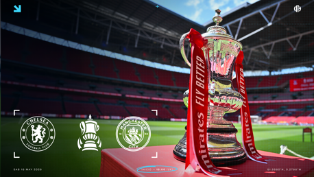 Image of the FA Cup with Chelsea and Manchester City logos, with match details on the left; scheduled for Saturday, May 16, 2026, at 15:00 UK time.