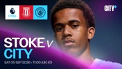 Match announcement for Stoke City vs Manchester City U18s on Saturday, September 5, 2026, at 11:00 UK time. Features logos and player portrait.