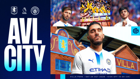Promotional image for the Aston Villa vs Manchester City match at Villa Park on Sat 24 Oct 2026. Features players, fan crowd, and stadium signage.