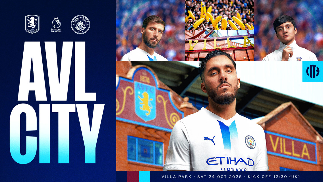 Promotional image for the Aston Villa vs Manchester City match at Villa Park on Sat 24 Oct 2026. Features players, fan crowd, and stadium signage.