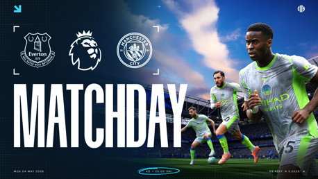 Promotional graphic for Everton vs Manchester City Premier League match on Monday, May 4, 2026, at 20:00 UK time with blurred players in action.