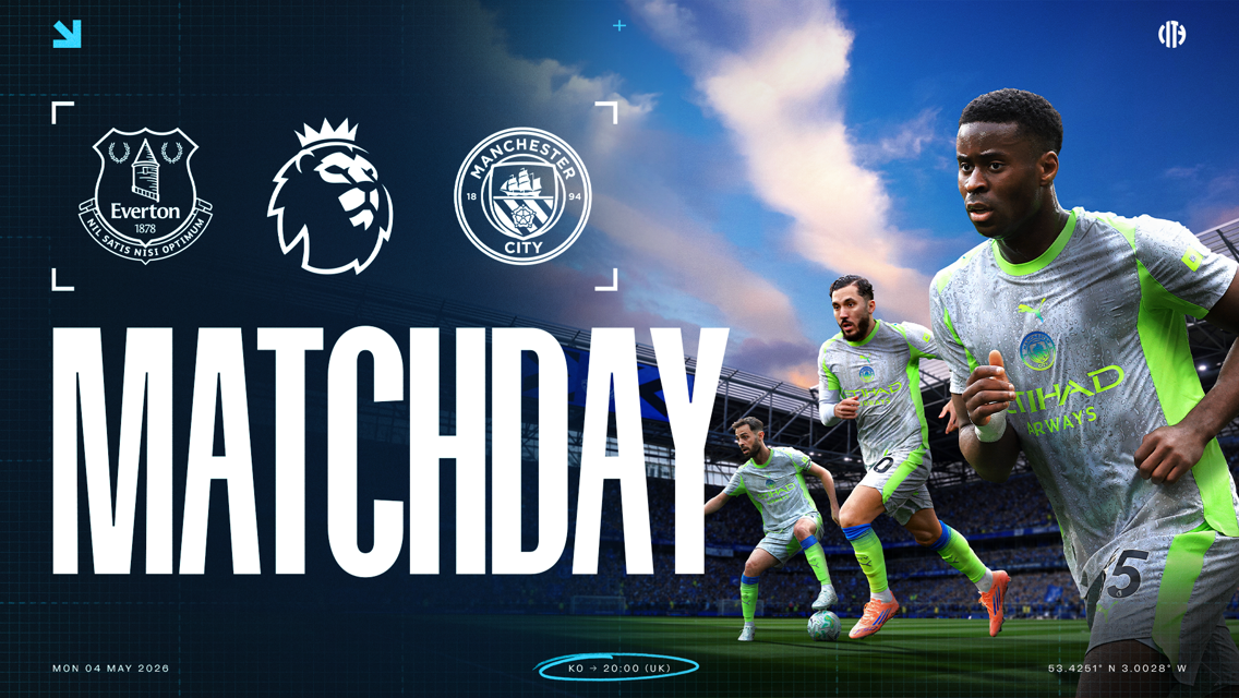 Promotional graphic for Everton vs Manchester City Premier League match on Monday, May 4, 2026, at 20:00 UK time with blurred players in action.