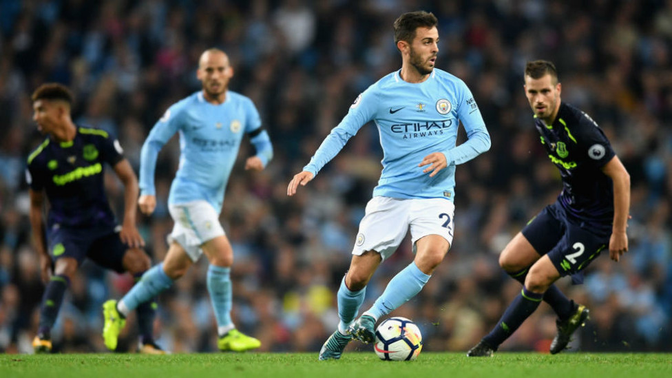 FIRST FOOTING : The midfielder in the thick of the action against Everton during his home debut for City in August 2017