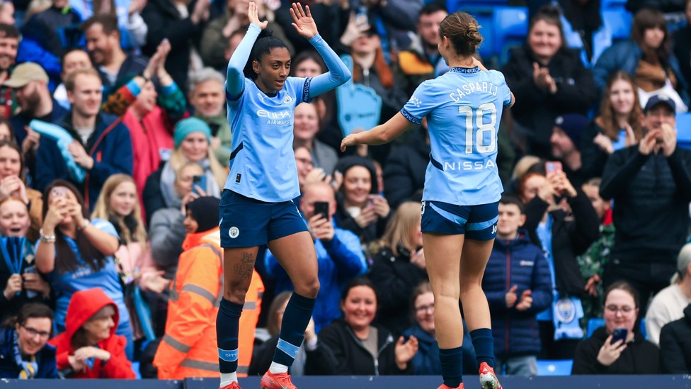 GET IN: Kerolin celebrates after firing City ahead.