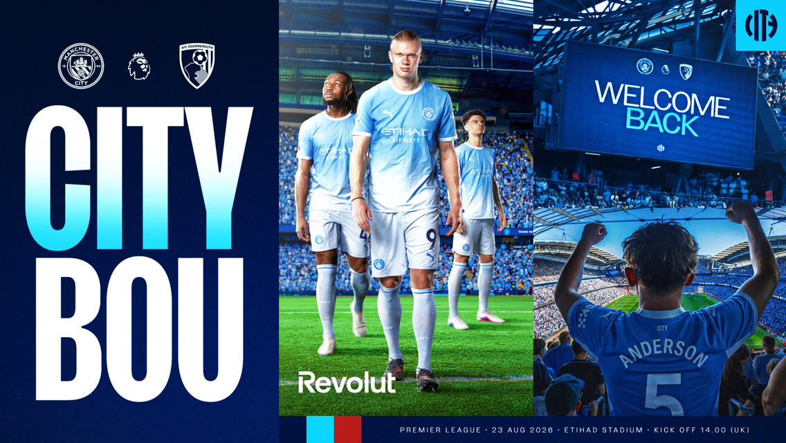 Promotional graphic for Manchester City vs AFC Bournemouth Premier League match on 23 August 2026 at Etihad Stadium featuring players and fans.