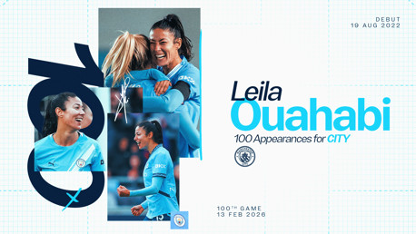 Celebratory graphic for Leila Ouahabi marking 100 appearances for Manchester City, highlighting debut on 19 Aug 2022 and 100th game on 13 Feb 2026.