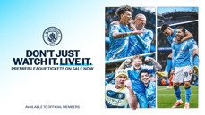 Manchester City promotional ad for Premier League tickets featuring players celebrating, fans, and Etihad Stadium. Text: 'Don't just watch it. Live it.'