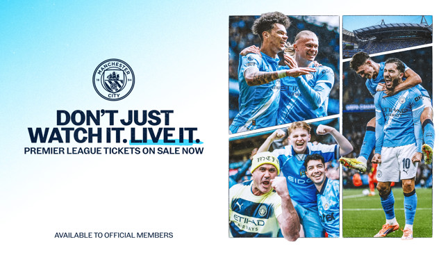 Manchester City promotional ad for Premier League tickets featuring players celebrating, fans, and Etihad Stadium. Text: 'Don't just watch it. Live it.'