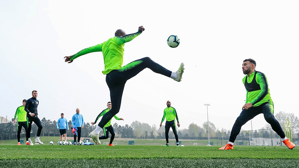 UP HIGH : Eliaquim Mangala meets an aerial pass