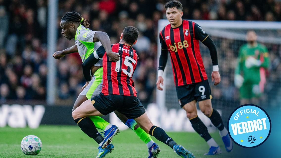 Football players in action during a match with a sticker labeled 'Official Verdict' on the image.