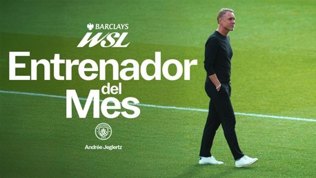 The image features Andrée Jeglertz walking on a football field with text announcing him as the 'Coach of the Month' for Barclays WSL.