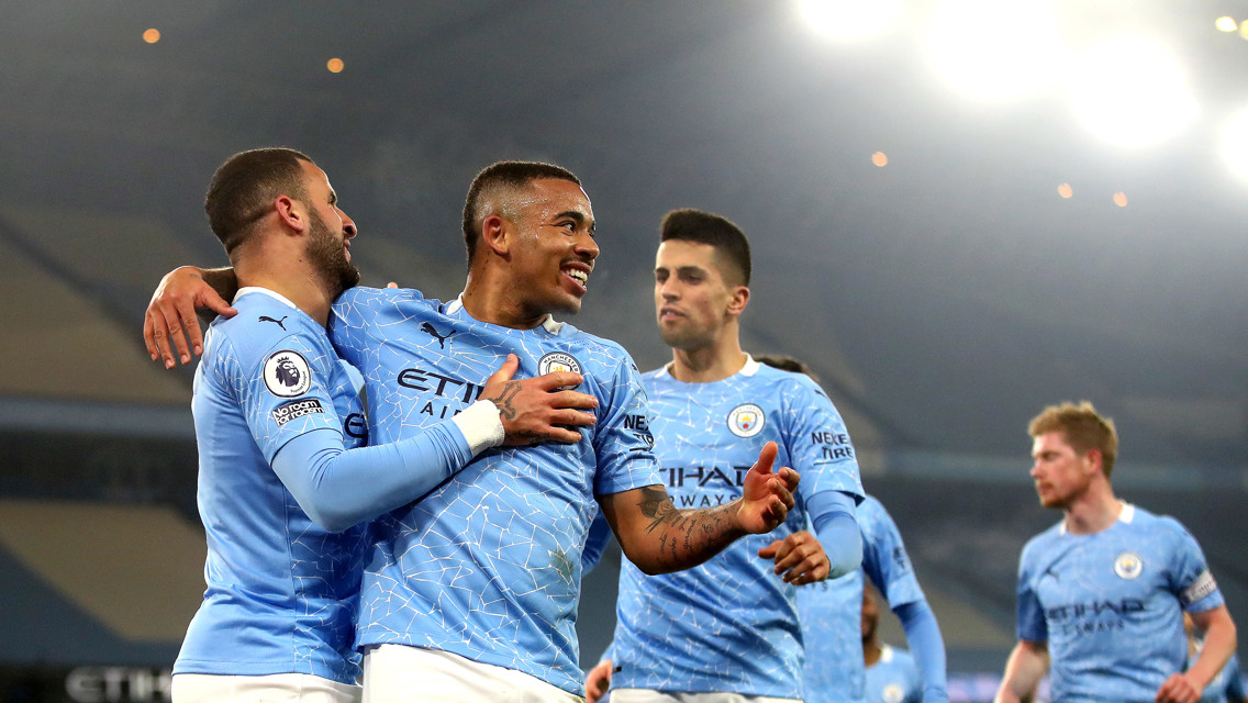 Gabriel Jesus celebrates his goal against Wolverhampton Wanderers 
