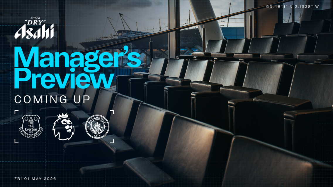 Manager's Preview promotional image featuring upcoming event details sponsored by Asahi. Fixtures include Everton and Manchester City for Friday, May 1, 2026. Background shows theater seating with stadium visible through windows.