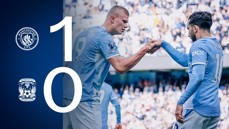 Manchester City defeats Coventry City 1-0, featuring a handshake celebration between two players wearing the Manchester City kit.