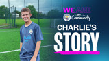 A person in a football kit standing on a sports field with the text 'Charlie's Story' and 'City in the Community'. Features the Manchester City logo.