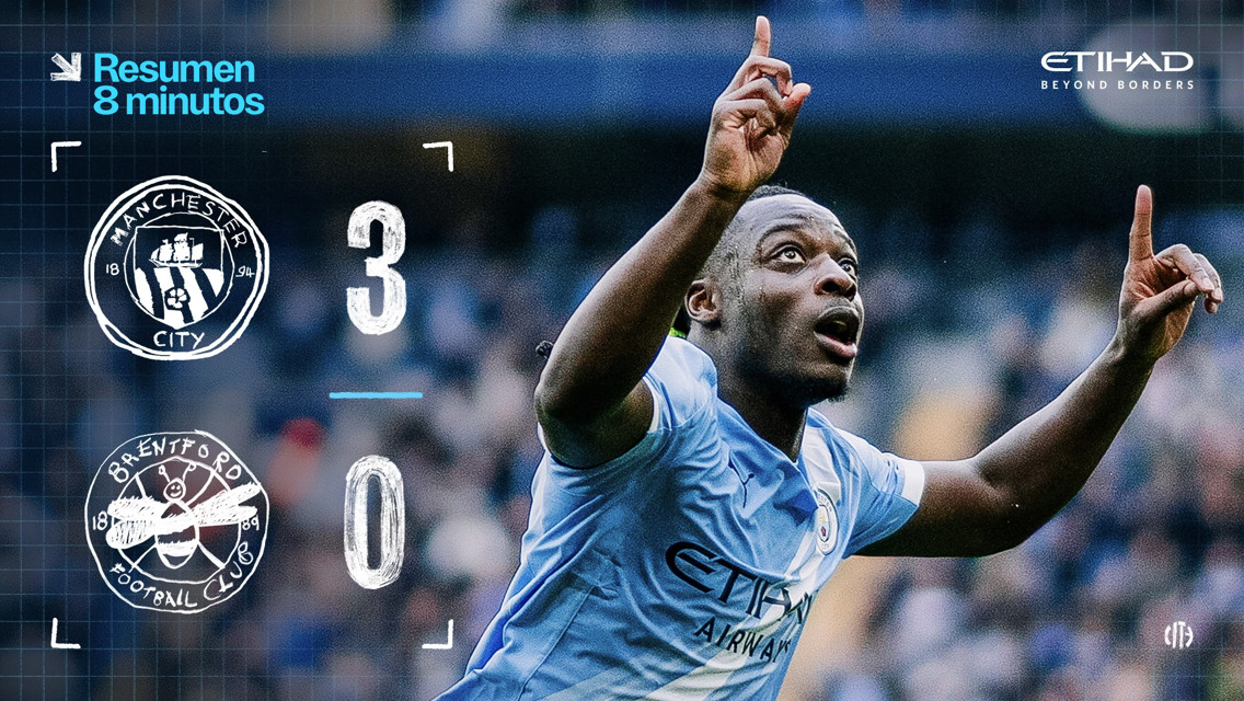 Manchester City defeated Brentford 3-0 with a highlight duration of 8 minutes. The image features a Manchester City player celebrating a goal.