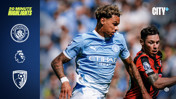 Soccer match highlights between Manchester City and AFC Bournemouth, featuring Manchester City player wearing the club's kit in action during a Premier League game.