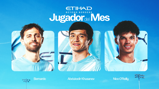 Etihad Jugador del Mes display featuring three football players from Manchester City, with names Bernardo, Abdulkodir Khusanov, and Nico O'Reilly.