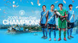 Manchester City women's team celebrating their victory as 2026 Asian Cup champions in Sydney, featuring players holding a trophy, Manchester City logo, and Sydney Opera House in the background.